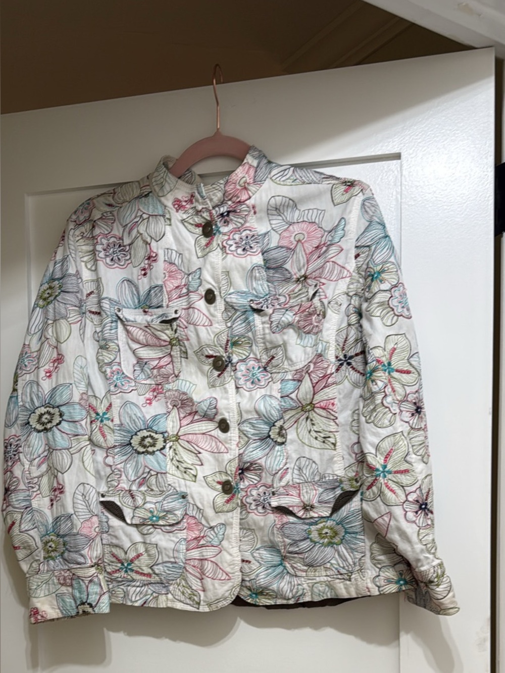 Chico's Floral Embroidered White Jacket with Pastel Accents